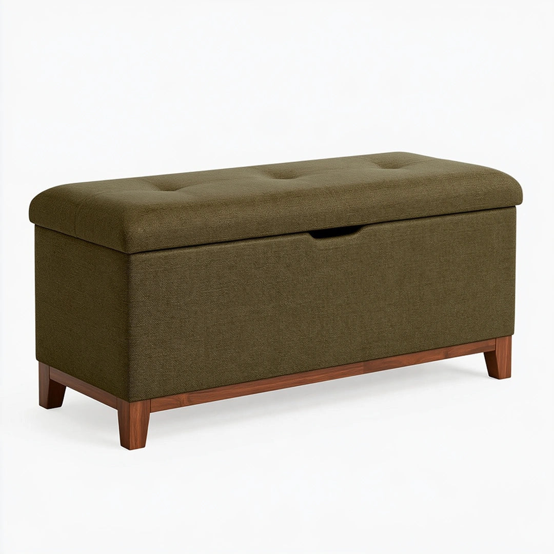 Sitzbank mit Stauraum 100 x 40 x 45 cm Olivgrün Textilbezug Holzfüße gepolstert