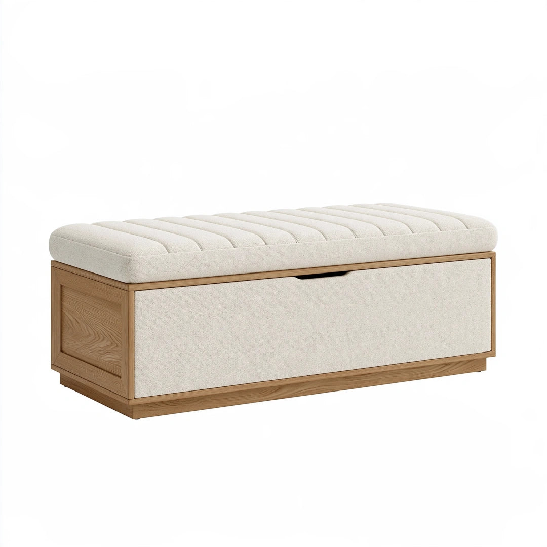 Stauraumbank 120 x 45 x 50 cm aus Holz und Textil in Beige Naturholz - gepolsterte Sitzbank mit Stauraum