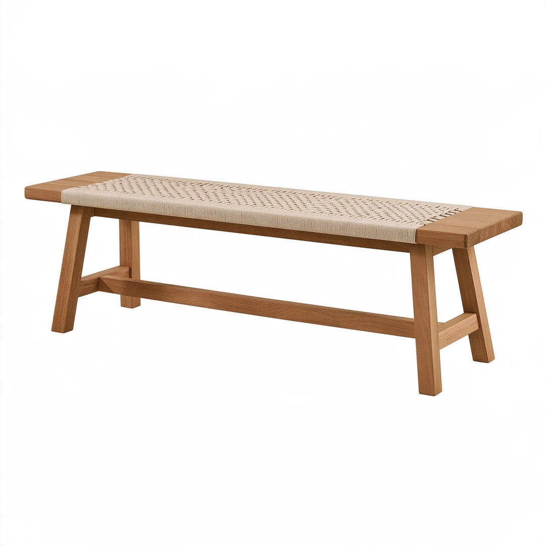 Sitzbank 140 x 40 x 45 cm Holz Natur mit geflochtener Kordelsitzfläche Skandinavisch