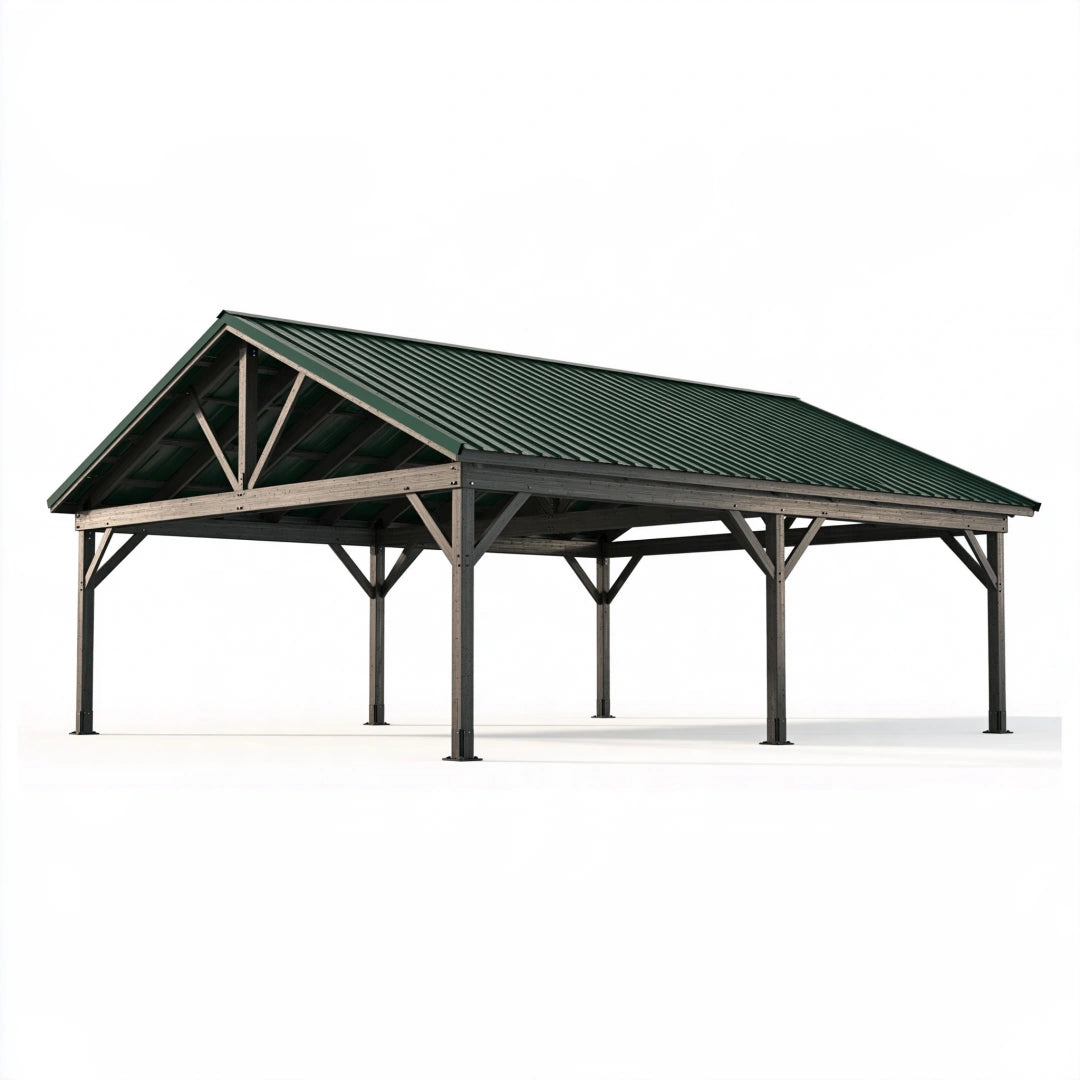 Carport 600 x 600 x 330 cm Holz Metall Grün freistehender Satteldach Unterstand