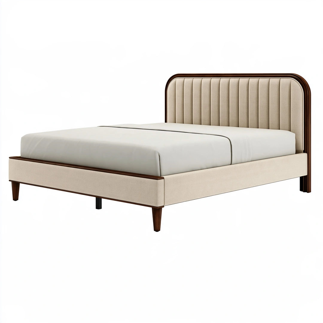 Polsterbett 160 x 200 cm Beige Stoff mit Holzfüßen modernes Doppelbett