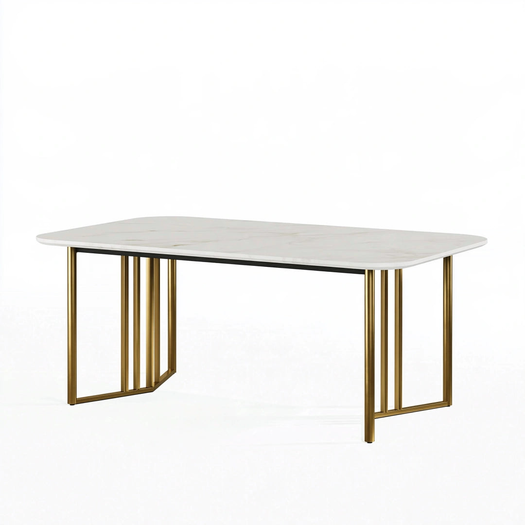 Esstisch 160 x 90 x 75 cm in Weiß Gold mit Marmoroptik und Metallgestell