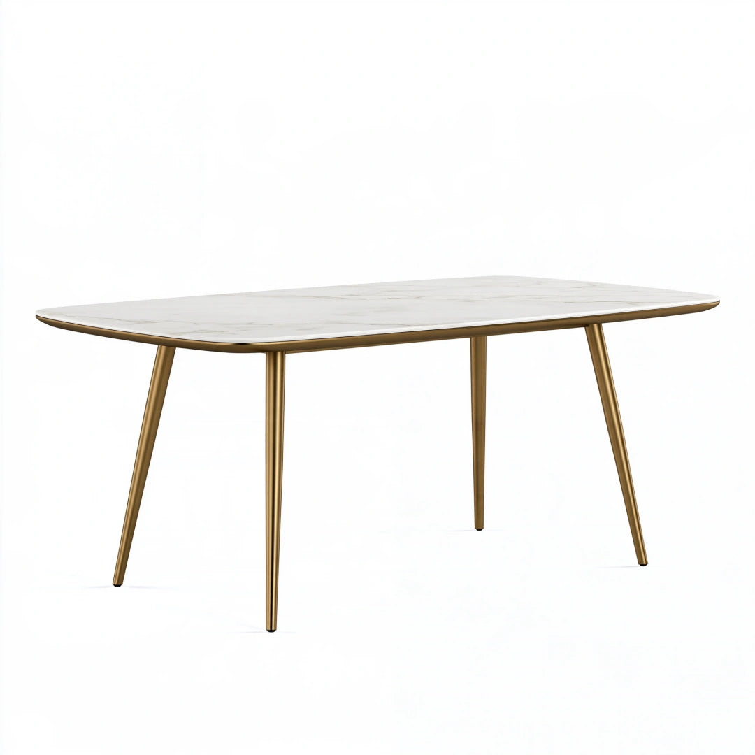 Esstisch 180 x 90 cm Keramik Weiß Gold - rechteckiger Tisch mit Metallgestell